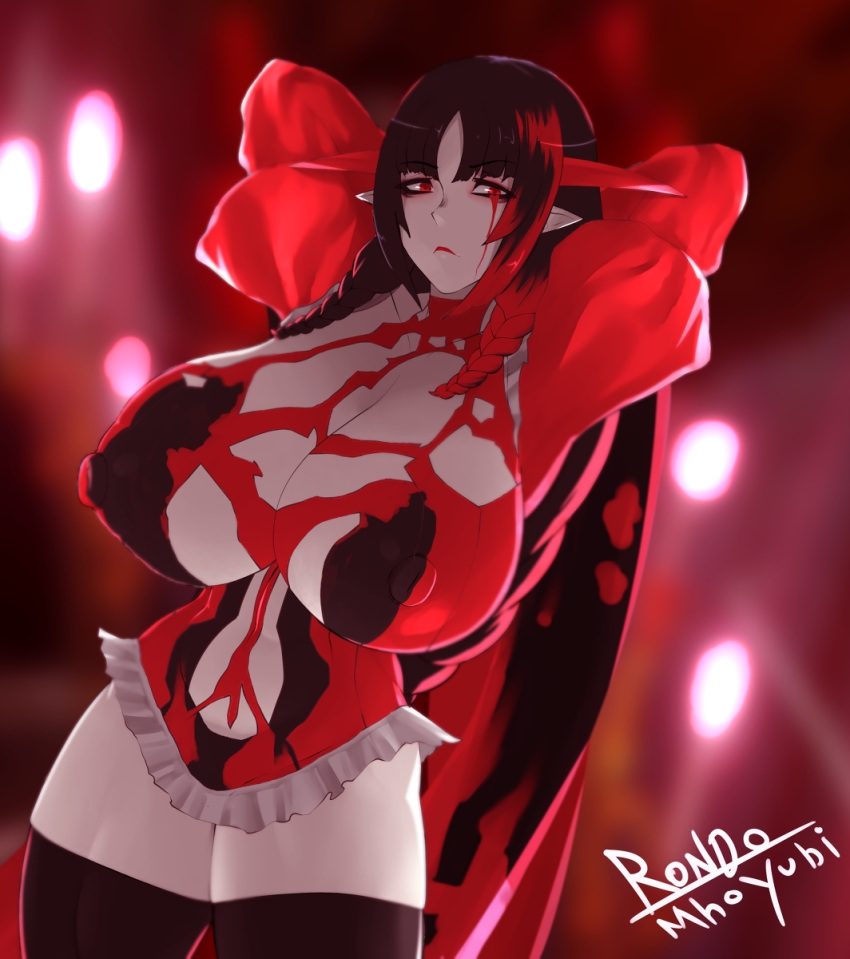 505_games alternate_breast_size artplay blood bloodless bloodless_(bloodstained) bloodstained:_ritual_of_the_night demon demon_girl frown horns large_breasts monster_girl nipples nipples_visible_through_clothing pale_skin red_eyes red_hair rondo_(artist) thighhighs torn_clothes vampire