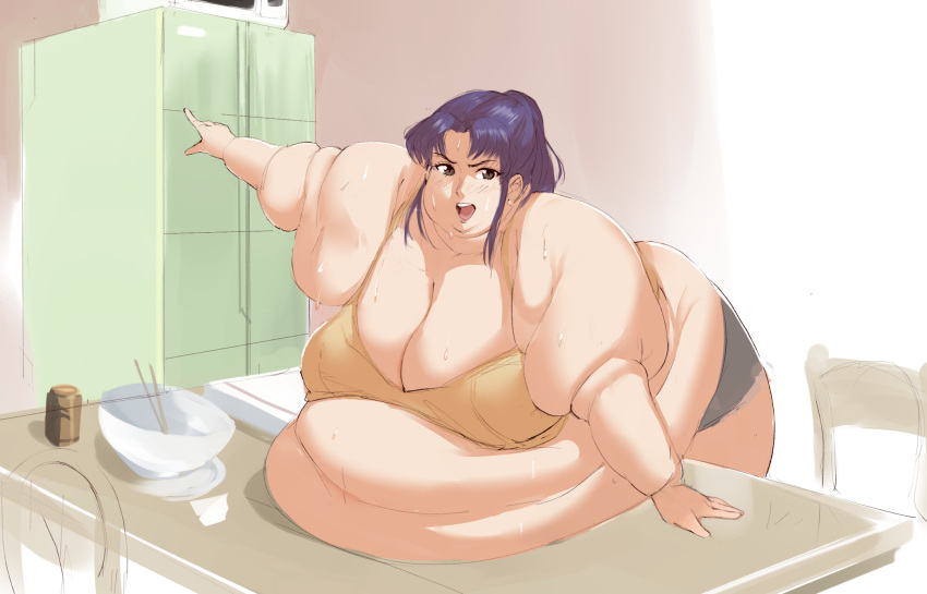 bamboo_ale bbw belly_overhang blush chubby_cheeks clothing double_chin fat fat_folds flabby_arms huge_belly huge_breasts hyper_belly large_breasts liquidy_fat misato_katsuragi morbidly_obese neon_genesis_evangelion obese obese_female sagging_breasts shorts ssbbw sweating