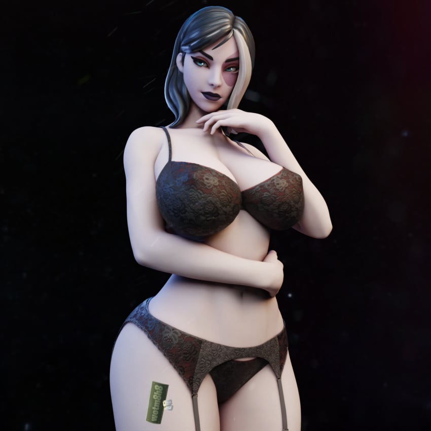 1girls 3d 3d_(artwork) bra domino_(fortnite) domino_(marvel) female female_only fortnite fortnite:_battle_royale hand_under_head huge_breasts lingerie long_hair looking_away marvel marvel_comics neena_thurman nipple_bulge pale_skin panties smirk solo tagme thick_thighs white_body wide_hips wotm8h8 x-force x-men