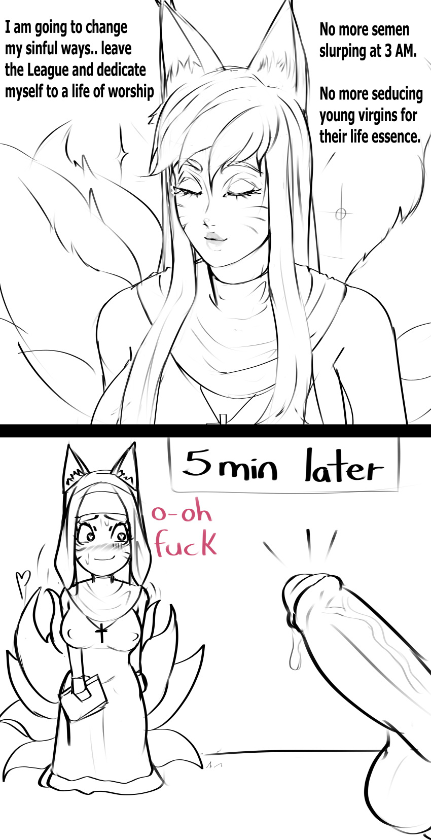 1girls ahri animal_ears black_hair blush dialogue female heart-shaped_pupils league_of_legends penis stormbringer