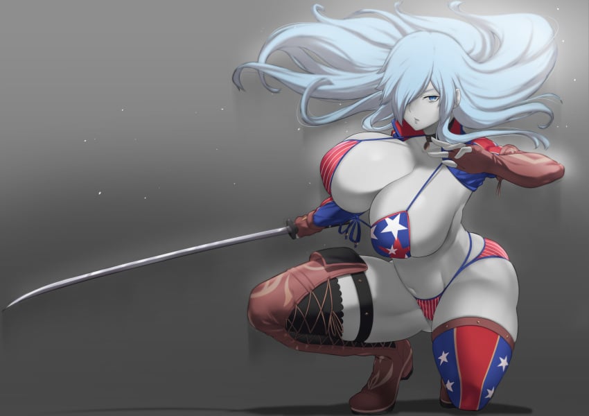 1girls absurdres alternate_costume aster_crowley belt bikini breasts cleavage curvaceous curves curvy_female curvy_figure facing_viewer female grey_skin hataraku_saibou hataraku_saibou_black highres katana large_breasts long_hair looking_at_viewer miyamoto_musashi_(fate) miyamoto_musashi_(fate)_(cosplay) miyamoto_musashi_(swimsuit_berserker) strap sweat swimsuit sword thick_thighs thighs u-1196 voluptuous weapon white_blood_cell_(hataraku_saibou)