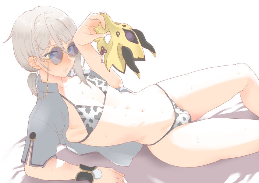 1boy animal_print artist_request bikini bikini_bottom bikini_top blue_eyes blush bracelet bulge cow_print cow_print_bikini crossdressing eyebrows_visible_through_hair fate/grand_order fate_(series) femboy gao_changgong_(fate) highres holding holding_object light-skinned_femboy light-skinned_male long_hair looking_at_viewer lying lying_on_back male male_focus male_in_bikini male_only navel non-nude pose purple-tinted_eyewear seductive silver_hair solo source_request sunglasses sweat tagme thighs tied_hair tinted_eyewear trap