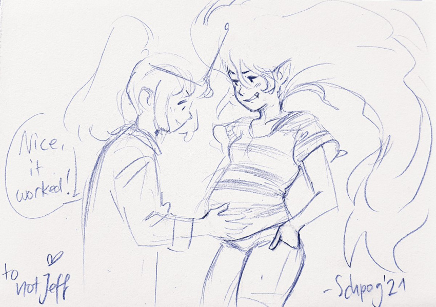 2021 2girls adventure_time canon_couple commission english_dialogue english_text marceline monochrome pregnant princess_bubblegum sapphicbump schpog sketch vampire yuri