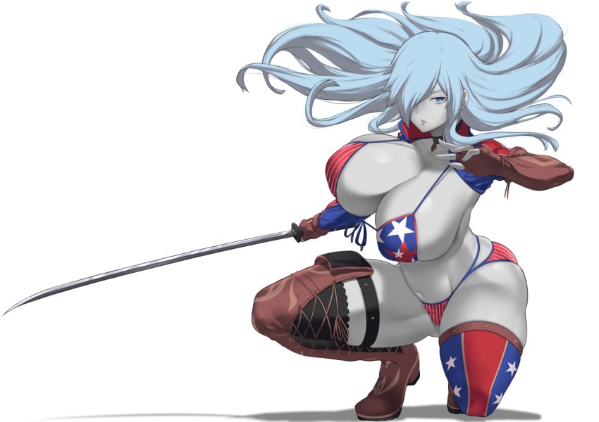 1girls absurdres alternate_costume aster_crowley belt bikini breasts cleavage curvaceous curves curvy_female curvy_figure facing_viewer female grey_skin hataraku_saibou hataraku_saibou_black highres katana large_breasts long_hair looking_at_viewer miyamoto_musashi_(fate) miyamoto_musashi_(fate)_(cosplay) miyamoto_musashi_(swimsuit_berserker) strap sweat swimsuit sword thick_thighs thighs u-1196 voluptuous weapon white_blood_cell_(hataraku_saibou)