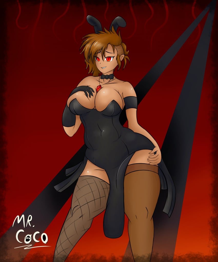 big_breasts big_breasts big_legs brown_hair bunny_ears bunnysuit elena_(mr.coco) fire gem huge_breasts huge_breasts large_breasts looking_at_viewer milf mr.coco oc original_artwork original_character red_eyes thick_thighs wide_hips