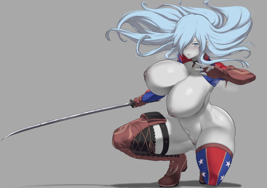 1girls alternate_costume areolae aster_crowley bare_shoulders belt bikini breasts cleavage curvaceous curves curvy_female curvy_figure erect_nipples facing_viewer female grey_skin hataraku_saibou hataraku_saibou_black highres katana large_breasts long_hair looking_at_viewer miyamoto_musashi_(fate) miyamoto_musashi_(fate)_(cosplay) miyamoto_musashi_(swimsuit_berserker) nipples strap sweat swimsuit sword thick_thighs thighs topless u-1196 voluptuous weapon white_blood_cell_(hataraku_saibou)