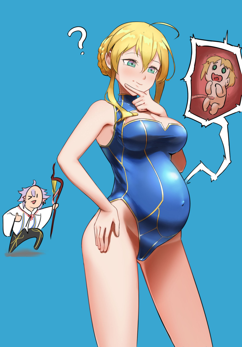 1girls artoria_pendragon artoria_pendragon_(lancer) big_breasts blonde_hair breasts fate/grand_order fate_(series) female fetus inonice01 large_breasts merlin_(fate) one-piece_swimsuit pregnant solo_focus swimsuit umbilical_cord