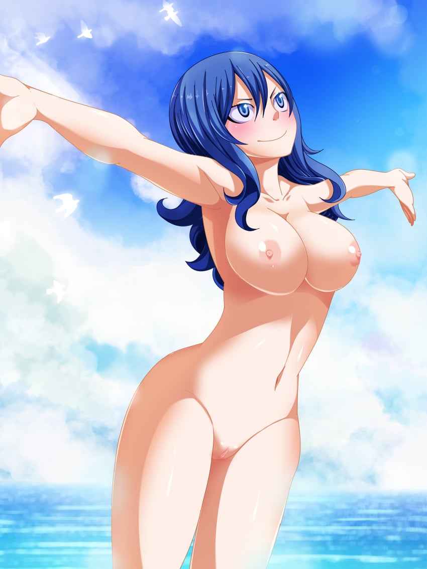 1girls blue_eyes blue_hair blush breasts fairy_tail female female_only juvia_lockser lipstick medium_hair naked nipples nude ocean outdoors outside planeptune pussy solo vagina water white_skin