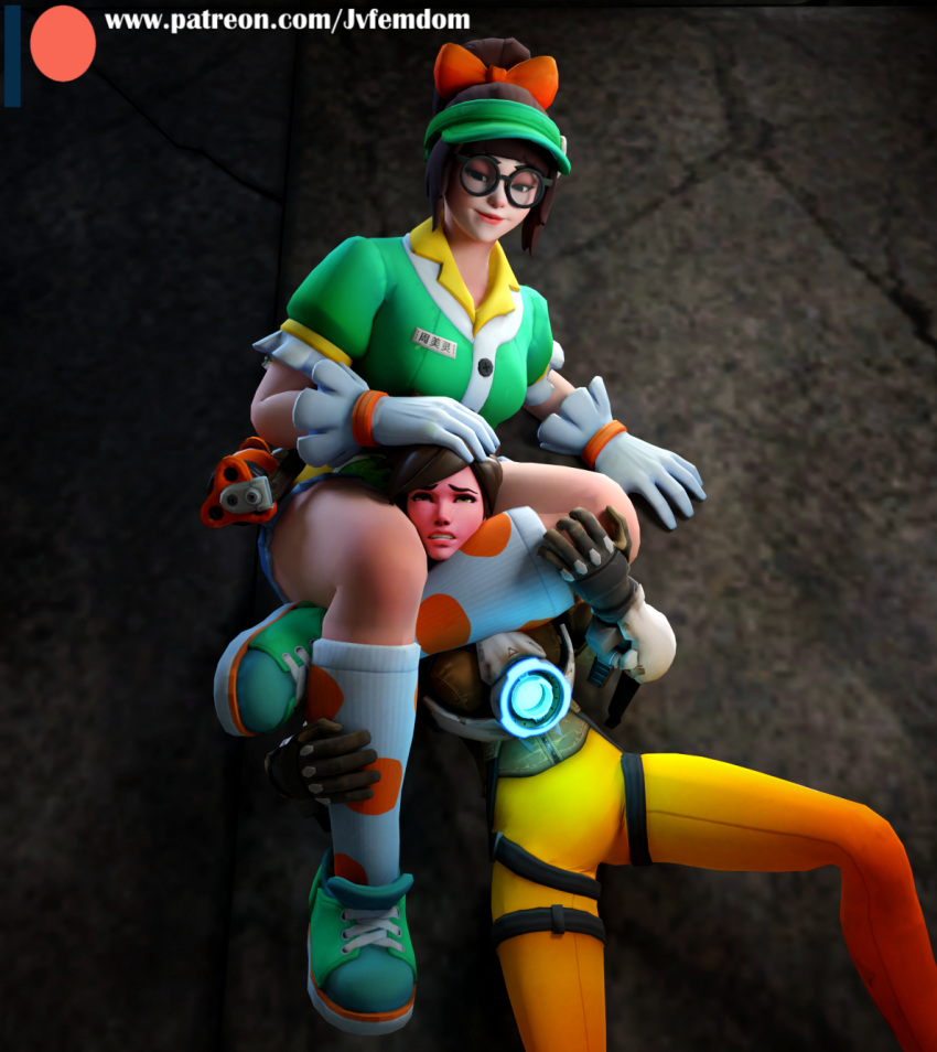 3d asphyxiation blizzard_entertainment brown_hair catfight chokehold dominant_female domination female_domination femdom fight glasses gloves head_between_thighs headscissor honeydew_mei jvfemdom knee_socks mei_(overwatch) mixed_wrestling overwatch scissorhold sneakers strangling tracer wrestlingryona