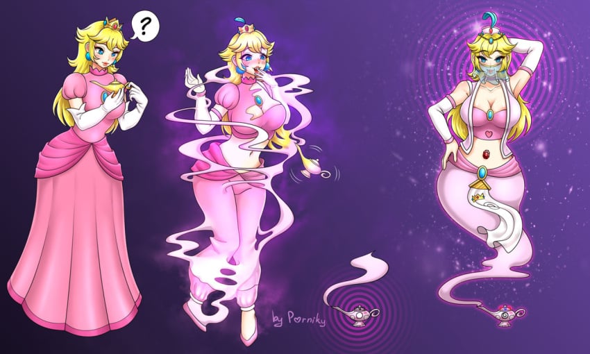 1girls artist_signature big_breasts bimbo bimbofication blonde_hair blue_eyes brainwashing breast_expansion breasts cleavage color djinn dress female female_only full_body fully_clothed genie genie_girl genie_lamp genie_tail genie_transformation identity_death lamp long_hair mario_(series) nintendo porniky princess_peach simple_background smoke solo standing tagme transformation transformation_sequence