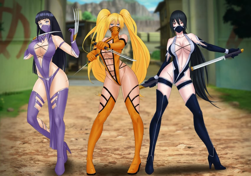 2d 3girls adapted_costume alternate_costume amenoosa bangs black_eyes black_hair blonde_hair blue_eyes blue_legwear breasts byakugan chokutou claw_(weapon) cleavage clothed clothed_female cosplay dual_wielding elbow_gloves erune facemask female female_only fighting_stance fingerless_gloves genderswap_(mtf) gloves green_footwear holding holding_sword holding_weapon hyuuga_hinata inner_sideboob jade_(mortal_kombat)_(cosplay) jewelry katana kitana_(cosplay) kodachi large_breasts leotard leotard_aside light_purple_eyes long_hair looking_at_viewer mask mileena_(cosplay) mortal_kombat mortal_kombat_(2011) mouth_mask multiple_girls naruko naruto naruto_(series) naruto_shippuden navel ninja revealing_clothes rule_63 sasuke_uchiha sasuko sexy_no_jutsu short_sword sideboob skimpy skimpy_clothes sword thighhighs twintails uzumaki_naruto very_long_hair wakizashi weapon whisker_markings white_eyes