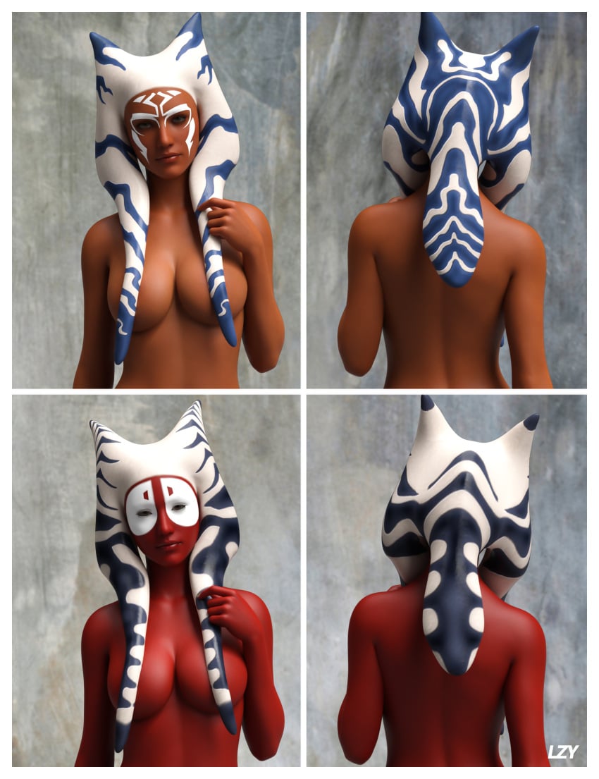 2girls 3d ahsoka_tano alien_girl athletic_female big_breasts blue_eyes breasts cleavage female_focus female_only hi_res lazygunns looking_at_viewer nude pose shaak_ti simple_background smile star_wars star_wars_rebels text togruta