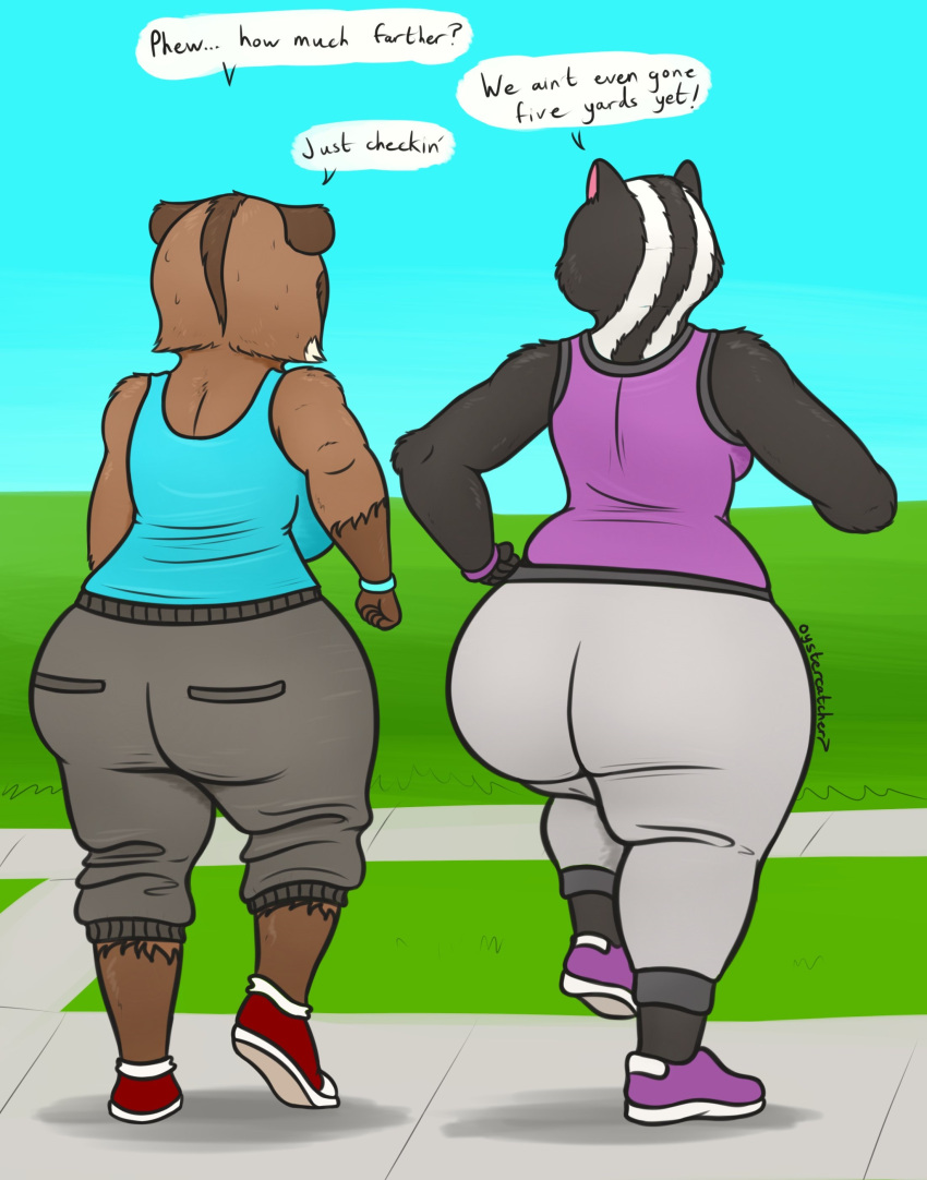 absurd_res anthro anthrofied ass big_butt black_body black_fur blue_sky brown_body brown_fur dreamworks duo english_text female fur hedge hi_res jogging mammal mephitid over_the_hedge oystercatcher7 procyonid public_park raccoon rj_(over_the_hedge) rule_63 skunk sky slightly_chubby stella_(over_the_hedge) tailless text thick_thighs wide_hips yoga_pants