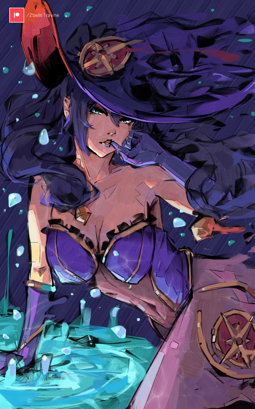 1girls 2bells1ravine artist_name big_breasts effects female female_only finger_on_mouth genshin_impact gloves hat long_hair mona_(genshin_impact) nipple_bulge ornaments patreon patreon_username simple_background solo suggestive suggestive_fluid twintails water witch_hat