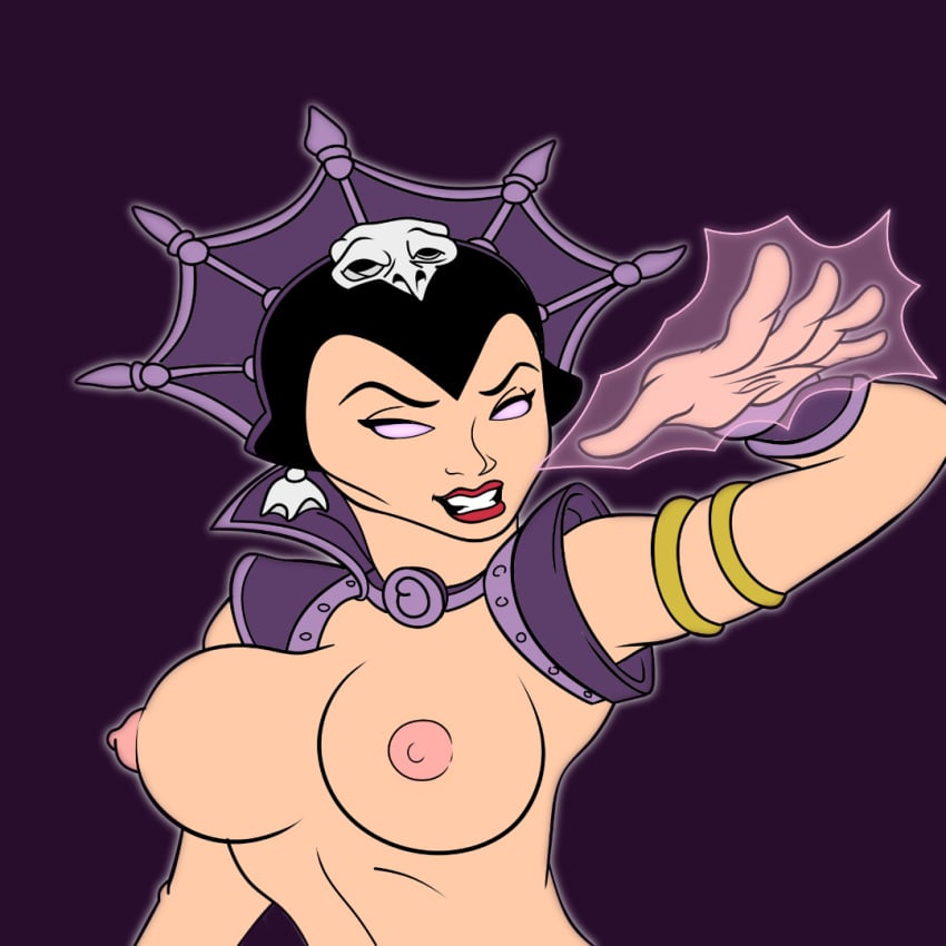 anomulus_ big_breasts busty evil-lyn fanart glowing_eyes he_man solo solo_female standing standing_position topless topless_female