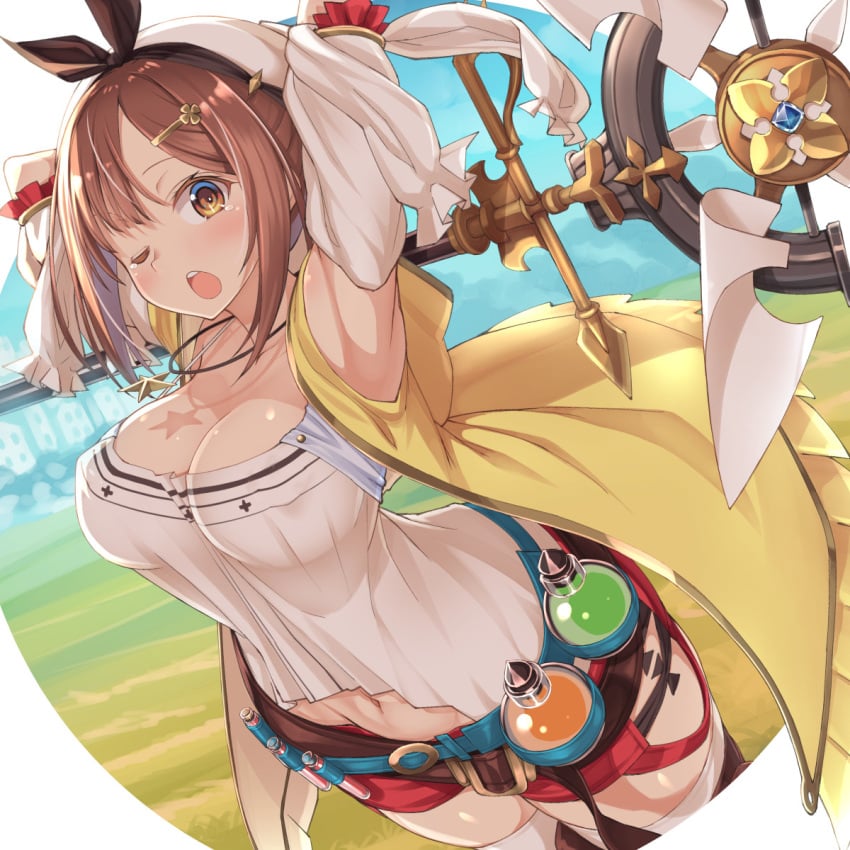 arms_up atelier_(series) atelier_ryza baakurou bangs belt blue_belt blush breasts brown_belt brown_eyes brown_hair cleavage female flask hair_ornament hairclip hat highres jacket jewelry large_breasts leather_belt looking_at_viewer navel necklace one_eye_closed open_mouth red_shorts reisalin_stout round-bottom_flask short_hair short_shorts shorts sleeveless sleeveless_jacket solo star_(symbol) star_necklace tears thighhighs upper_body upper_teeth vial white_headwear yellow_jacket