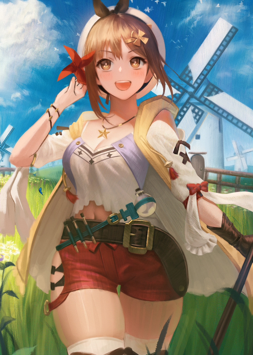 :d atelier_(series) atelier_ryza bangs belt belt_buckle beret blue_sky blush bow breasts brown_eyes brown_gloves brown_hair buckle cleavage cowboy_shot day eyebrows_visible_through_hair female fence gloves hair_ornament hairclip hat highres jewelry large_breasts long_sleeves looking_at_viewer meadow navel necklace open_clothes open_mouth open_vest outdoors red_bow red_shorts reisalin_stout round-bottom_flask shirt short_hair short_shorts shorts single_glove sky smile solo tassel thaumazo thigh_gap thighhighs vest white_headwear white_legwear white_shirt windmill wristband yellow_vest