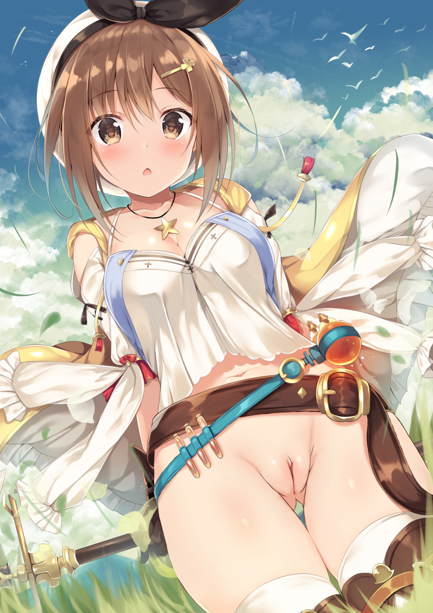 :o arms_behind_back atelier_(series) atelier_ryza bangs bare_shoulders belt belt_buckle beret black_ribbon blue_sky blue_vest blush bottomless breasts brown_belt brown_eyes brown_gloves brown_hair buckle cleft_of_venus clothing_cutout cloud cloudy_sky collarbone commentary_request day drawstring dutch_angle eyebrows_visible_through_hair female gloves grass hair_between_eyes hair_ornament hairclip hat highres jacket jewelry leather leather_belt leather_gloves long_sleeves navel necklace no_panties nude_filter open_clothes open_jacket outdoors parted_lips puffy_long_sleeves puffy_sleeves pussy reisalin_stout ribbon round-bottom_flask shiny shiny_skin shirt short_hair shoulder_cutout single_glove sky sleeveless sleeveless_jacket solo thighhighs thighs third-party_edit tomoo_(tomo) uncensored vest vial white_headwear white_legwear white_shirt wind yellow_jacket