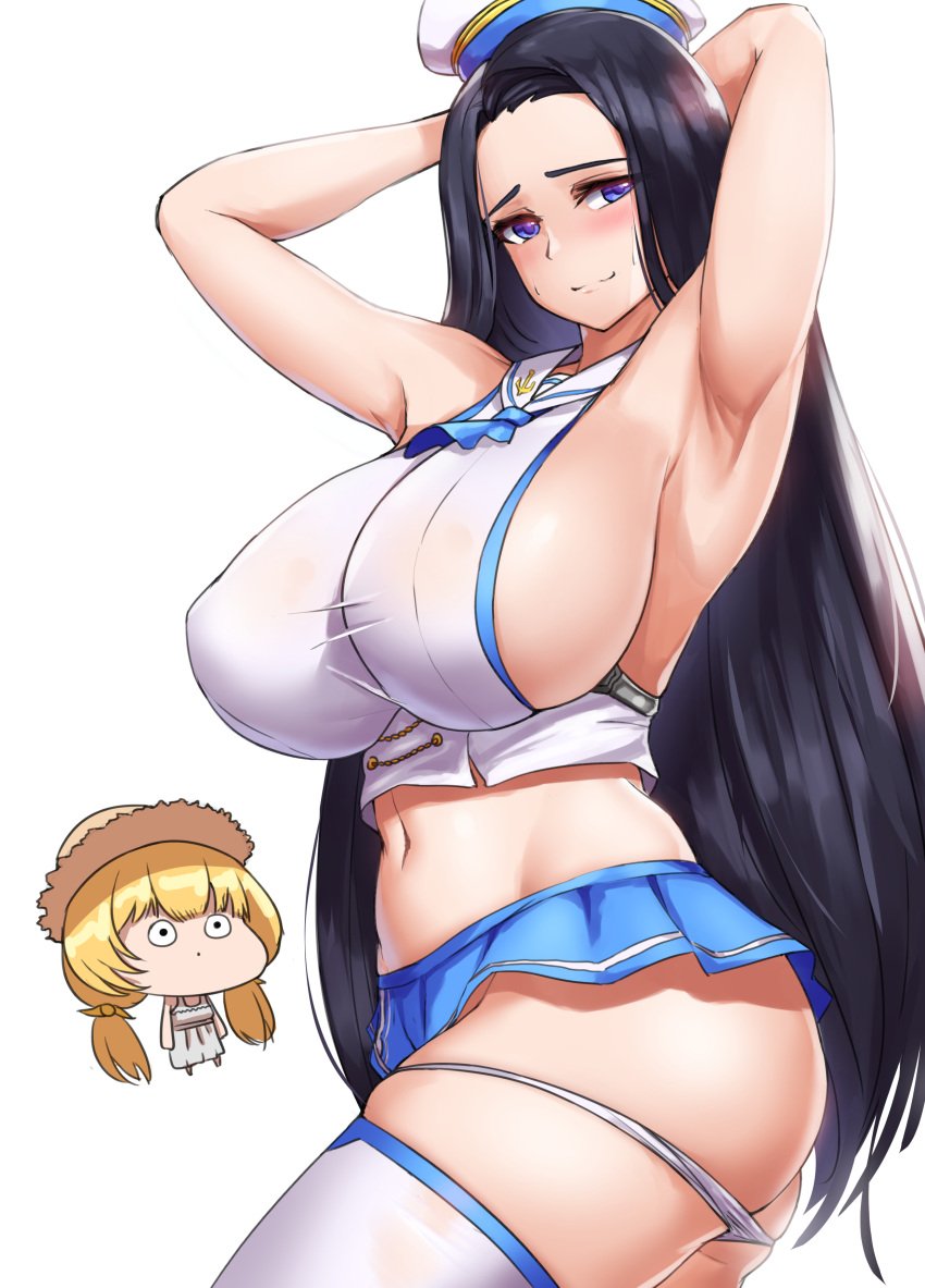 2021 2girls ag-2c_sirene ag-2c_sirene_(cute_dress)_(last_origin) alternate_costume armpit arms_behind_head arms_up ass big_breasts blue_eyes blue_miniskirt blue_skirt breasts cho!cho! dark_hair female female_only huge_breasts invincible_dragon_(last_origin) invincible_dragon_(sailor_dress)_(last_origin) last_origin light-skinned_female light_skin long_hair looking_at_viewer microskirt miniskirt nipple_bulge official_alternate_costume panties panties_down panties_removed sideboob simple_background skirt solo_focus thick_thighs thighs very_long_hair white_background white_legwear white_panties