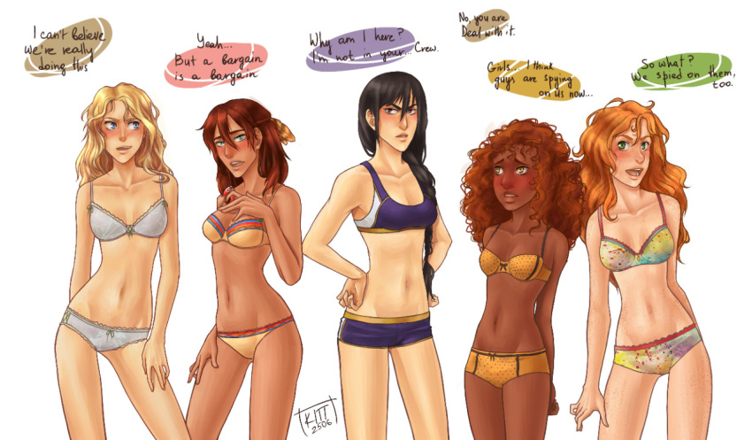 5girls annabeth_chase auburn_hair black_hair blonde_hair blue_eyes blush boyshorts brown_eyes brown_hair brown_skin cowboy_shot dark-skinned_female dark_skin dialogue embarrassed english_dialogue english_text feather_in_hair female female_only freckles gold_eyes green_eyes hazel_levesque heroes_of_olympus hips kitt2506 light-skinned_female light_skin lineup multiple_girls orange_hair percy_jackson_and_the_olympians piper_mclean purple_bra purple_panties purple_underwear rachel_elizabeth_dare red_hair redhead reyna_ramirez_arellano small_breasts speech_bubble sports_bra teenager underwear white_bra white_panties white_underwear yellow_eyes