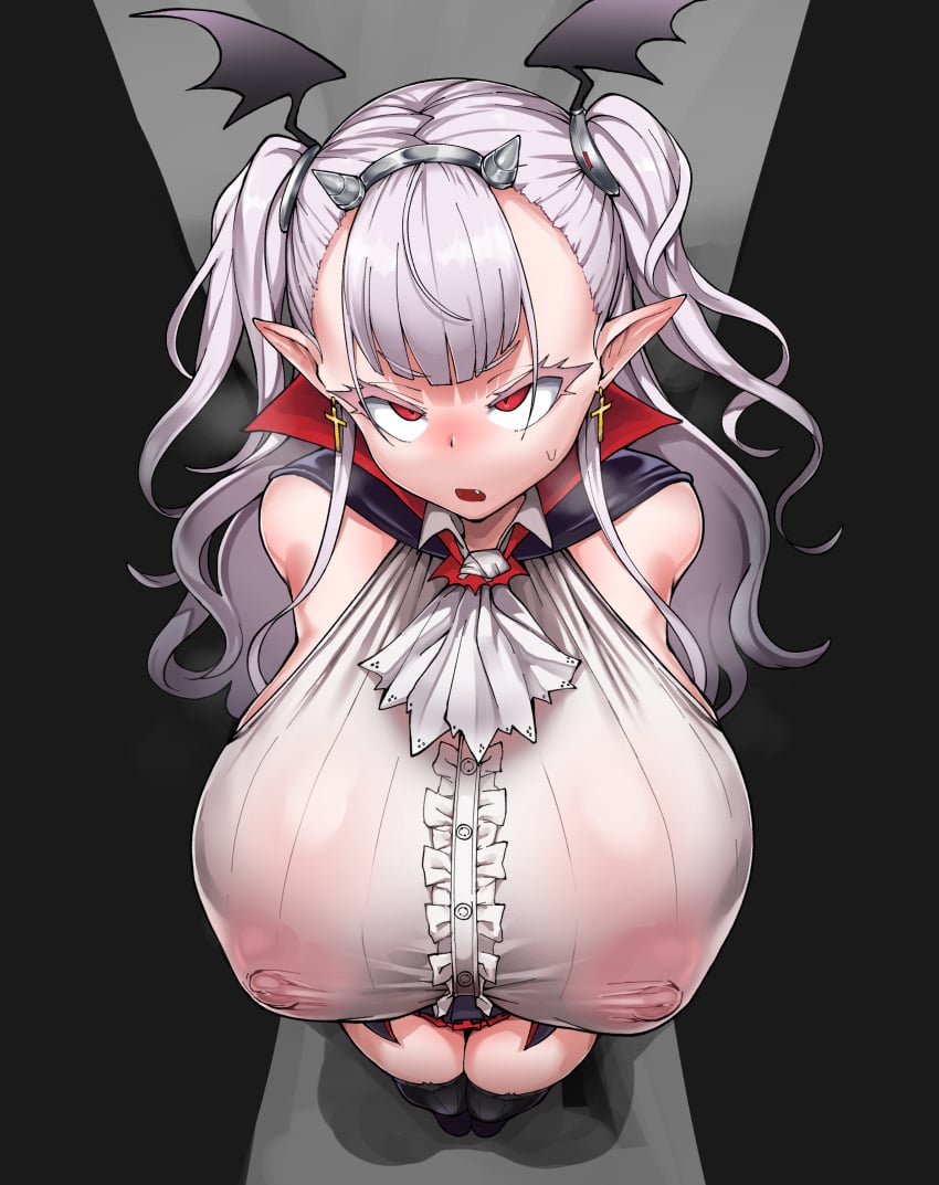 1girls big_breasts blush breasts cham22 chamchami draculina_(last_origin) female grey_hair hair_ornament high_resolution huge_breasts last_origin long_hair nipples nipples_visible_through_clothing pointy_ears red_eyes see-through see-through_clothing see_through standing thick_thighs thighhighs tight_clothing twintails vampire white_blouse