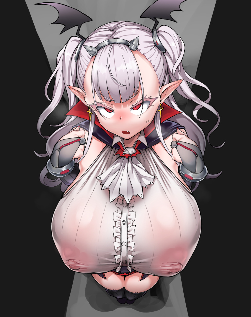 1girls big_breasts blush breasts cham22 chamchami draculina_(last_origin) female grey_hair hair_ornament high_resolution huge_breasts last_origin long_hair nipples nipples_visible_through_clothing pointy_ears red_eyes see-through see-through_clothing see_through standing thick_thighs thighhighs tight_clothing twintails vampire white_blouse