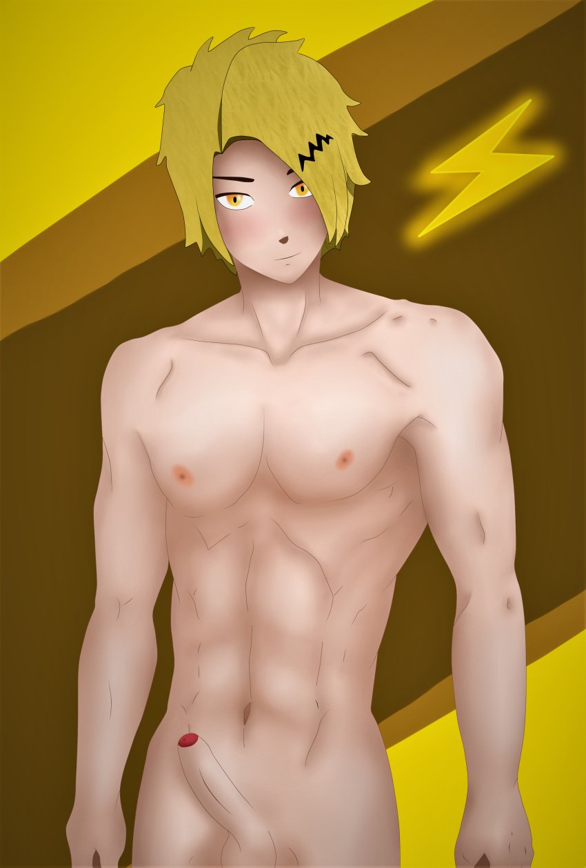 amateur amateur_artist bad_anatomy bad_lighting bad_shading boy cartoony cat_nose denki_kaminari erect_penis erection gay light-skinned_male light_skin looking_at_viewer male male_focus male_only muscles my_hero_academia simple simple_background simple_coloring simple_drawing simple_eyes simple_face simple_nose simple_shading sketch solo solo_male two_toned yellow_eyes yellow_hair_ornament