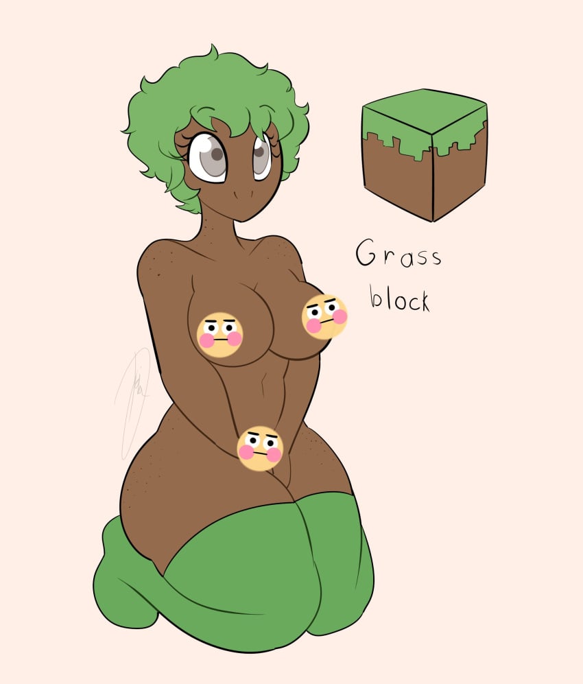 1girls anthro breasts censored dark-skinned_female dark_skin diders female female_only grass_block gray_eyes green_hair grey_eyes minecraft minecraft_anthro_block solo tagme