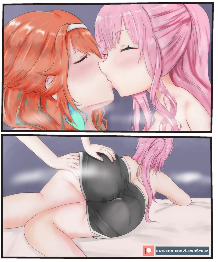 ass ass_focus bed blush braid closed_eyes female female_only hololive hololive_english hololive_myth kissing lewd_syrup lewdsyrup mori_calliope no_bra orange_hair pink_hair ponytail shorts takamori_(hololive) takanashi_kiara virtual_youtuber yuri