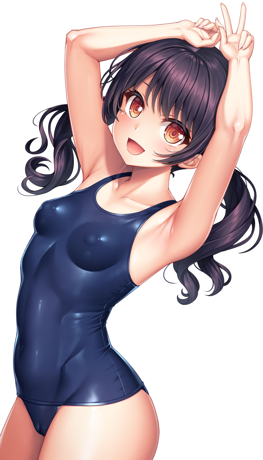 bang_dream! blue_swimsuit brown_eyes female female_only futaba_tsukushi lambda_(kusowarota) one-piece_swimsuit purple_hair school_swimsuit short_twintails solo solo_female swimsuit twintails