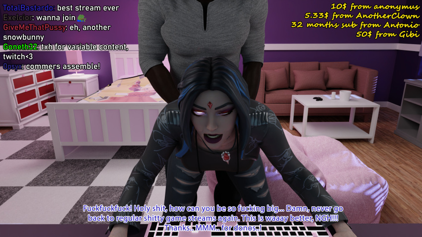 3d ambiguous_penetration bavakinin bed bedroom chat choker clothed clothed_sex clothing dark-skinned_male dark_skin dc dc_comics english_text forehead_jewel fortnite from_behind fully_clothed glowing_eyes goth goth_girl interracial leaning_forward open_mouth rachel_roth raven_(dc) raven_(fortnite)_(dc) rolling_eyes standing_sex streaming tagme talking_to_viewer teen_titans text titans