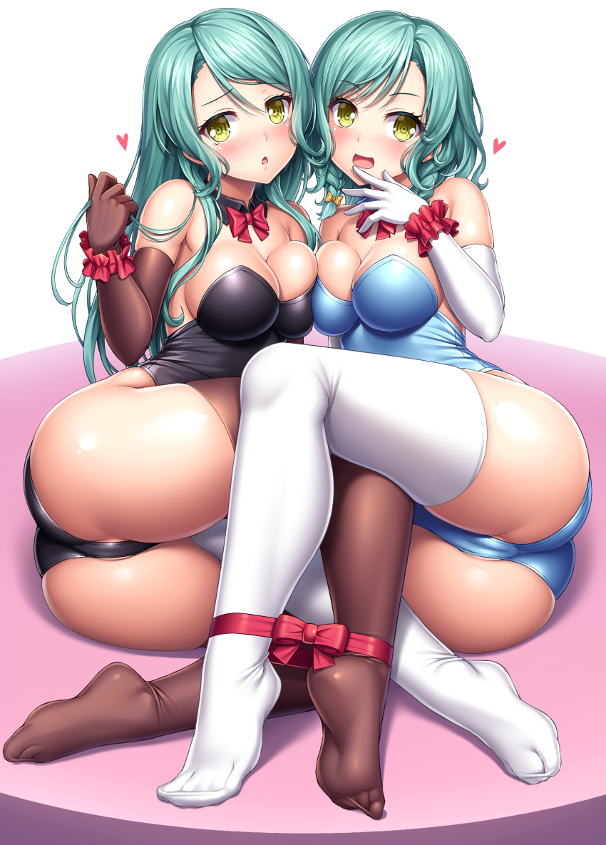 2girls bang_dream! black_legwear blush clothed clothing collar feet female female_only green_hair heart hikawa_hina hikawa_sayo lambda_(kusowarota) looking_at_viewer multiple_girls open_mouth ribbon thighhighs white_legwear yellow_eyes