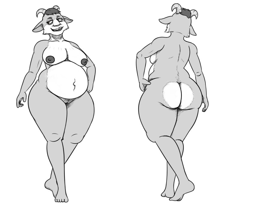 5:4 anthro anthrofied ass belly big_belly big_butt bovid breasts caprine eye_bags female ferdinand_(film) fur genitals goat hair hi_res horn large_ass lipstick looking_at_viewer lupe_(ferdinand) makeup mammal monochrome multiple_angles nipples nude open_mouth overweight overweight_anthro overweight_female oystercatcher7 pregnant pubes pussy simple_background solo standing thick_thighs underbite vulva wide_hips wrinkles