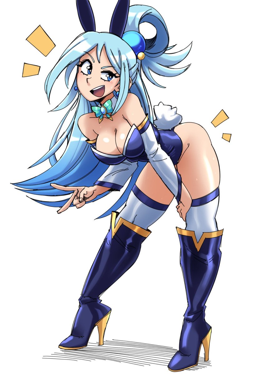 1girls aqua_(konosuba) bent_over blue_eyes blue_hair boots bunny_ears bunny_girl bunny_tail bunnysuit detached_collar earrings female female_only gingrjoke heel_boots hi_res high_heel_boots high_heels kono_subarashii_sekai_ni_shukufuku_wo! long_hair neck_ribbon peace_sign solo solo_female thigh_boots thighhigh_boots thighhighs white_background