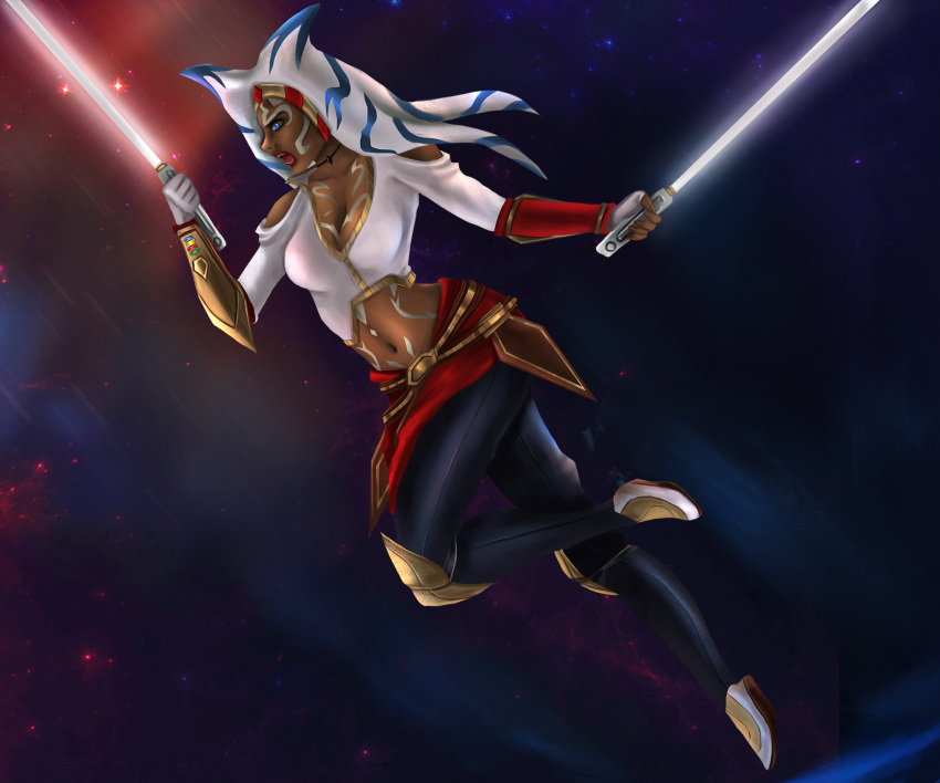 1girls ahsoka_tano balandis-meow big_breasts blue_eyes breasts cleavage clothed clothing curvy female_focus female_only looking_at_viewer open_mouth pose revealing_clothes simple_background solo star_wars star_wars_rebels wide_hips