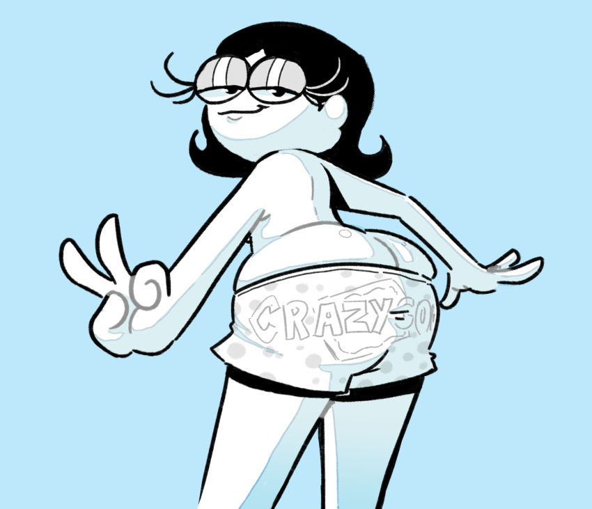 1girls ass ass_cleavage black_hair blue_background butt_crack eyelashes female female_focus female_only hips large_ass looking_at_viewer looking_back mostly_nude no_color no_shirt peace_sign pop-tart_girl pop-tarts short_hair shorts solitaryscribbles solo_female thighs tight_clothing v