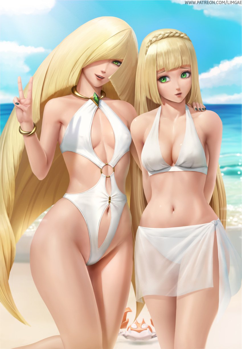 2girls absurdres aether_foundation arm_around_shoulder arms_behind_back bangs bare_shoulders beach belly bikini bikini_skirt black_nails blonde_hair blonde_hair_over_one_eye blunt_bangs bracelet braid breast_size_difference breasts choker cleavage covered_nipples crown_braid daughter_is_bigger gen_1_pokemon gold_bracelet green_eyes hair_over_one_eye high_resolution highleg highleg_swimsuit highres horny hourglass_figure jewelry krabby light_skin lillie_(pokemon) limgae long_blonde_hair long_hair looking_at_another looking_at_viewer lusamine_(pokemon) medium_breasts midriff milf mother mother_and_daughter multiple_girls navel navel_cutout nintendo o-ring o-ring_swimsuit ocean one-piece_swimsuit peace_sign pokemon pokemon_(game) pokemon_(species) pokemon_sm revealing_clothes revealing_swimsuit skirt small_breasts smile stomach swimsuit thick_thighs url v very_high_resolution very_long_hair web_address white_bikini white_skirt white_swimsuit wide_hips