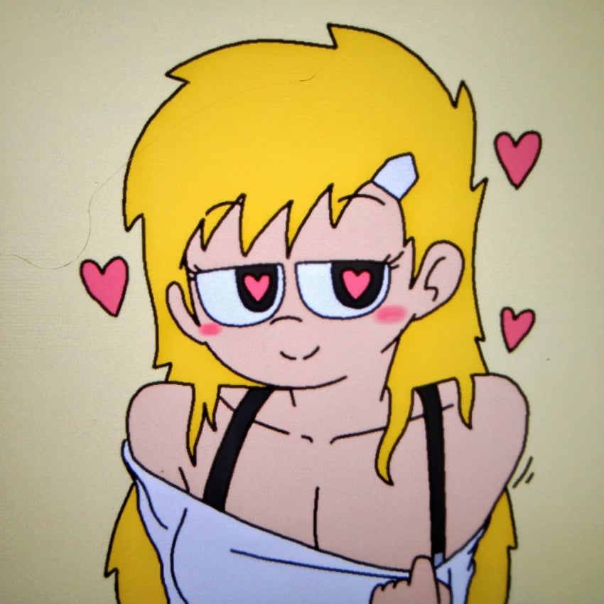 blush bra_strap cute female hairclip heart-shaped_pupils horny juanila_(writers_crusaders) original_character pulling_clothing pulling_down_dress pulling_down_shirt rule_63 seductive seductive_smile simple_background solo_female wcjuan writers_crusaders yellow_hair