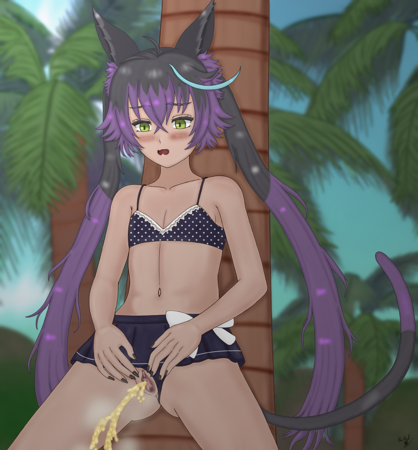 1girls bikini brown_body catgirl celine_(sen_no_kiseki) censored green_eyes palm_tree peeing public_exposure sen_no_kiseki thechad two_tone_hair underwear_aside