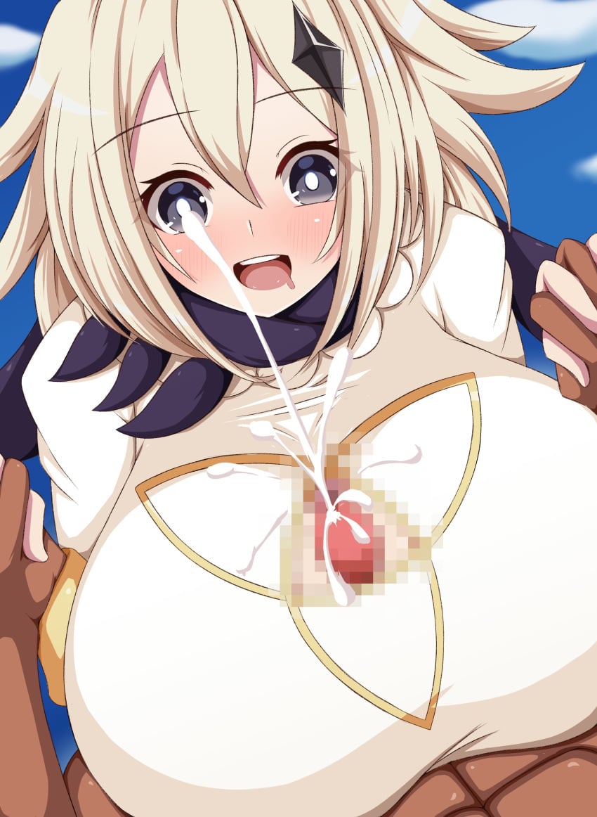 1boy 1boy1girl alternate_breast_size big_breasts blonde_hair breasts censored censored_penis cum cumshot dark-skinned_male female genshin_impact huge_breasts large_breasts mameneko muscular_male paimon_(genshin_impact) paizuri paizuri_under_clothes pale-skinned_female short_hair titjob