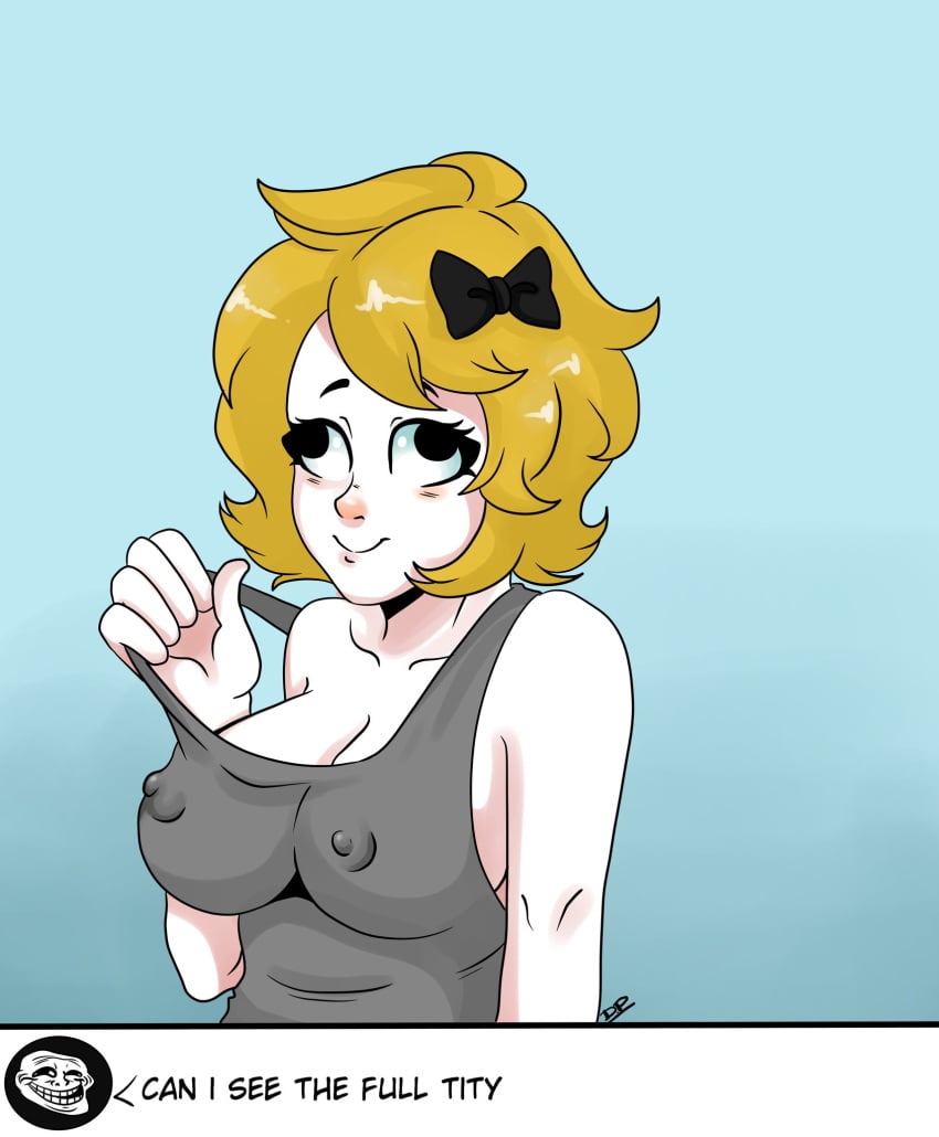 areola_bulge blonde_hair blue_background braless cel_shading chat daddypickle666 derp_eyes derpina english english_text female grey_clothing grey_topwear hairbow half-length_portrait meme nipple_bulge profile_picture rage_comics short_hair signature smile taking_clothes_off tank_top trollface white_skin