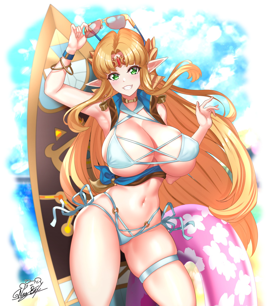 bangs beach big_breasts bikini bikini_bottom bikini_top blonde blonde_hair breasts choker clouds colored female gem green_eyes grin huge_breasts innertube jewelry large_breasts long_ears long_hair looking_at_viewer navel nez-box nintendo ocean pointy_ears pool_toy princess_zelda red_gem smile sunglasses sunglasses_on_head sunglasses_removed surfboard swimsuit swimwear tagme the_legend_of_zelda thick_thighs thigh_strap thighs tiara triforce_earrings vest wrist_rings wristband zelda_(a_link_between_worlds)