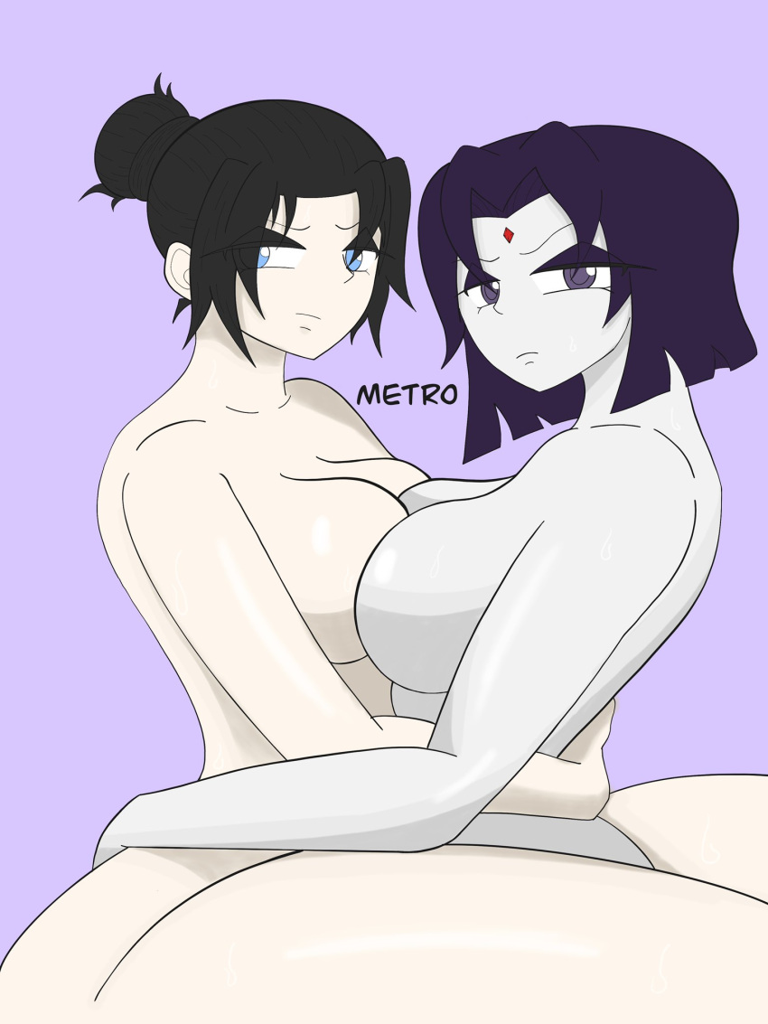 2d apex_legends breasts collaboration dc dc_comics holding metrodraws purple_eyes purple_hair rachel_roth raven_(dc) straight_hair sweat teen_titans thick_thighs wraith_(apex_legends)