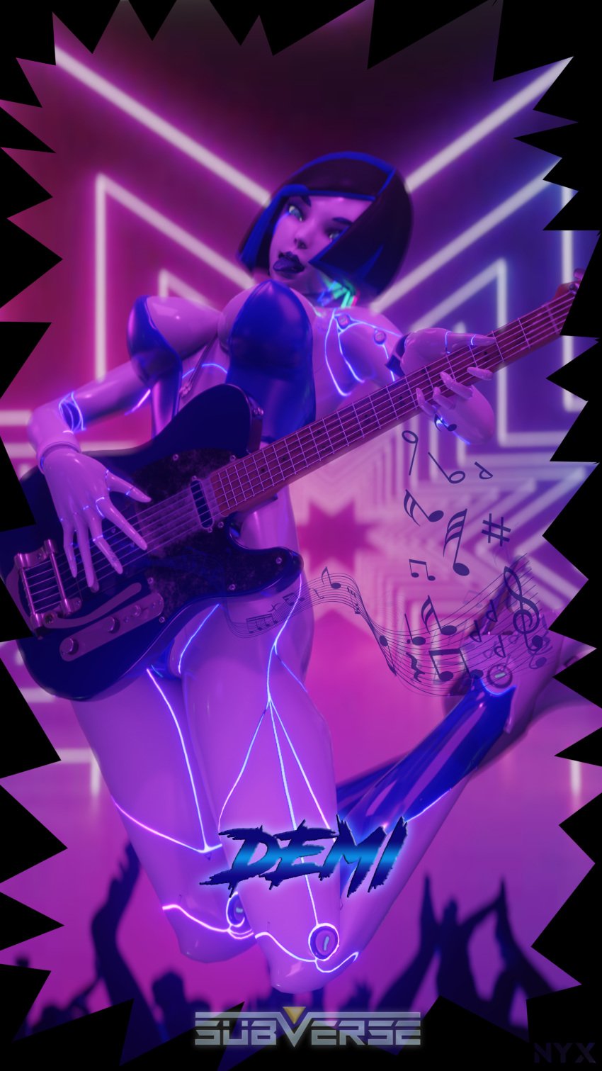 3d android black_hair blender blue_eyes bob_cut bolo_tie breasts demi demi_(subverse) erect_nipples erect_nipples_under_clothes female guitar gynoid high_heeled_boots high_heels jumping large_breasts leotard looking_at_viewer mechanical nyxworks open_mouth purple_lipstick robot robot_girl subverse tongue_out