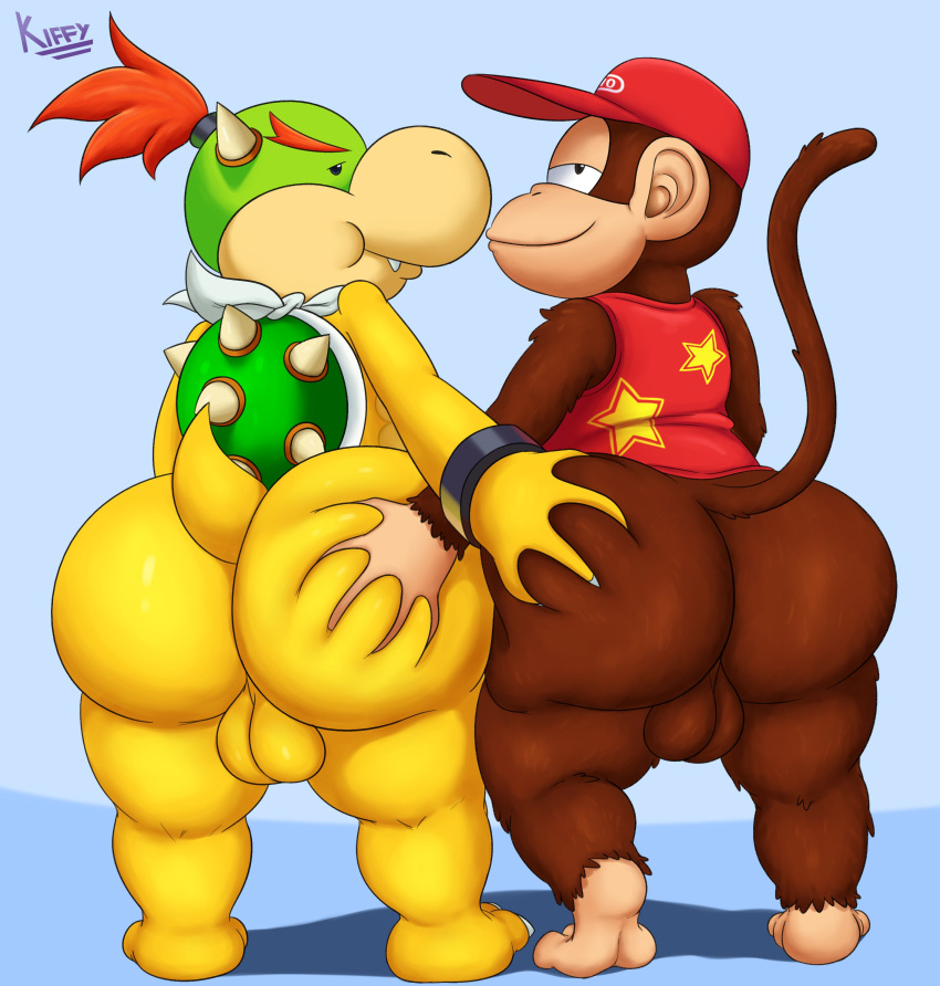 2boys age_difference anthro ass ass_grab balls big_ass bowser_jr. diddy_kong donkey_kong_(series) femboy gay kiffy_(artist) koopa looking_at_viewer male mario_(series) primate thick_thighs