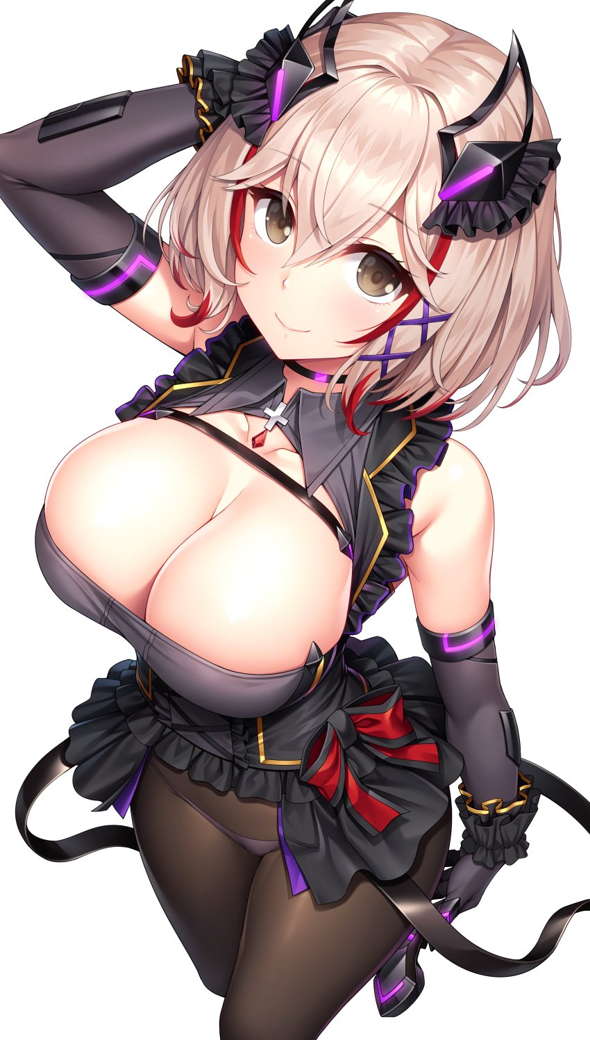 1girls azur_lane black_gloves blonde_hair blush breasts cleavage clothed clothing eyebrows_visible_through_hair female female_only gloves huge_breasts iron_blood_(azur_lane) lambda_(kusowarota) light-skinned_female light_skin panties roon_(azur_lane) roon_(muse)_(azur_lane) smile solo yellow_eyes