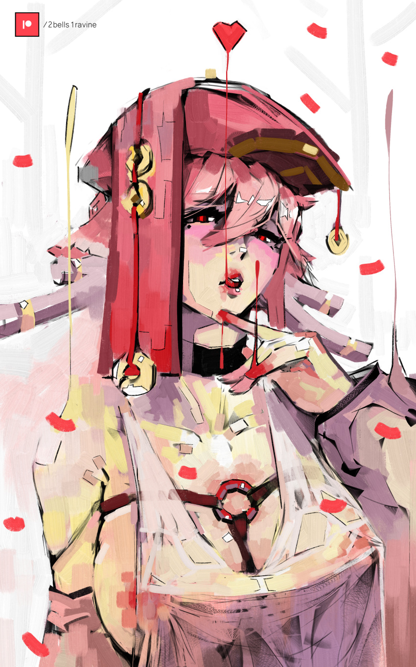 2bells1ravine art artist_name big_breasts genshin_impact hat horns horny licking_lips lipstick lipstick_smear patreon patreon_username pink_hair red_eyes see-through see-through_clothing simple_background suggestive_fluid yanfei_(genshin_impact)