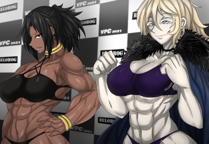 2girls abs anastasiya_(zokusuke) black_hair blonde_hair bra bracelet choker cloak collar dark_skin frown gold grey_eyes jewelry kali_(zokusuke) multiple_girls muscular muscular_arms muscular_female muscular_legs muscular_thighs original pale_skin panties ponytail smile zokusuke