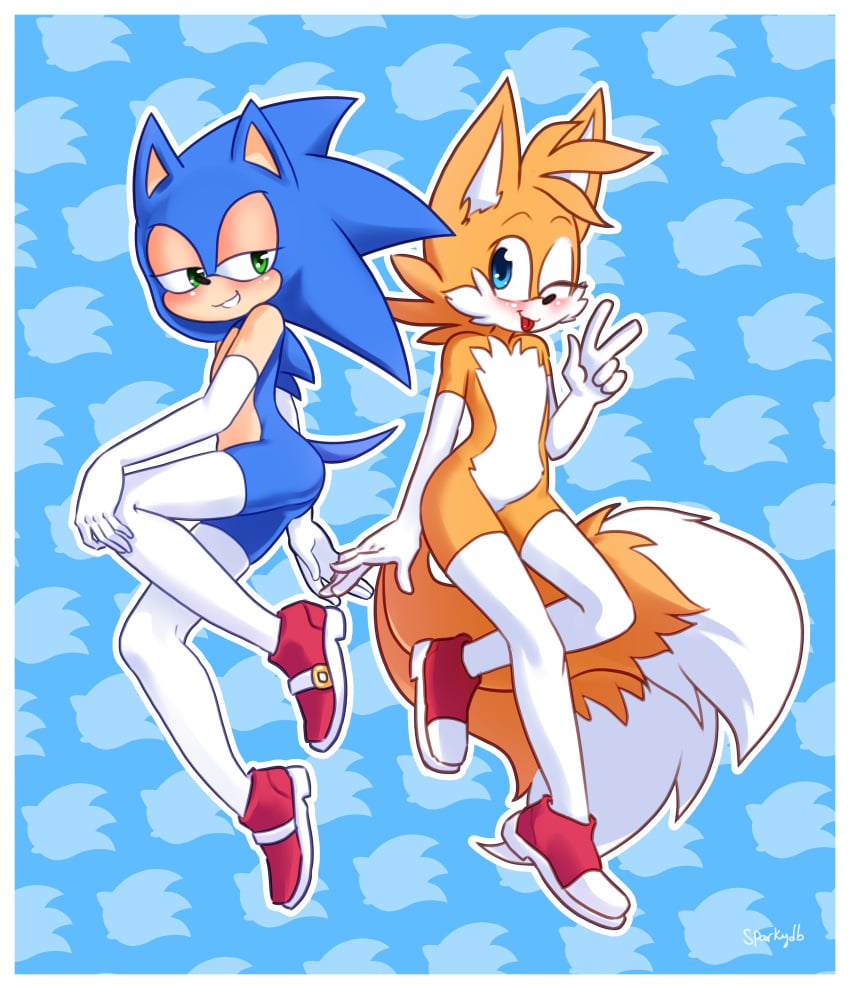 anthro armwear exposed_torso femboy footwear humanoid legwear no_humans non-human non-human_only rule_63 sonic_(series) sonic_the_hedgehog sparkydb stockings tagme tails thighhighs