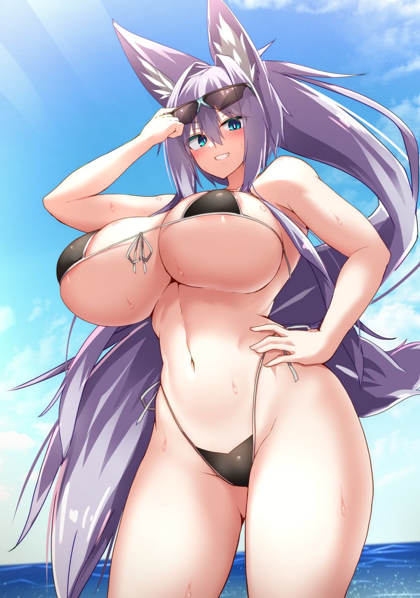 1girls animal_ears areola_slip areolae beach bikini blush breasts eyebrows_visible_through_hair eyewear_on_head female fox_ears front-tie_bikini front-tie_top hair_between_eyes hand_on_hip highleg highleg_bikini highres indigo_(tylwing) large_breasts long_hair looking_at_viewer micro_bikini navel ocean original outdoors perky_breasts purple_hair side-tie_bikini sky smile standing sunglasses sweat swimsuit thong_bikini tylwing very_long_hair wet